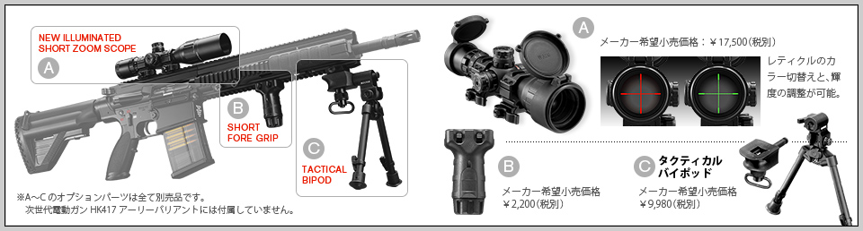 A NEWイルミネーテッド・ ショートズームスコープ　メーカー希望小売価格：￥17,500（税別）　レティクルのカラー切替えと、輝度の調整が可能。　B ショートフォアグリップ（BLK）　メーカー希望小売価格￥2,200（税別）　タクティカルバイポッド　メーカー希望小売価格￥9,980（税別）　※A〜Cのオプションパーツは全て別売品です。次世代電動ガン HK417アーリーバリアントには付属していません。