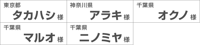 東京都タカハシ様 神奈川県アラキ様 千葉県オクノ様 千葉県マルオ様 千葉県ニノミヤ様