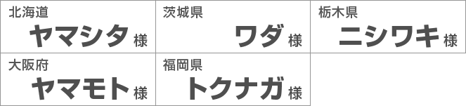 北海道ヤマシタ様　茨城県ワダ様　栃木県ニシワキ様　大阪府ヤマモト様　福岡県トクナガ様