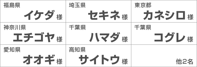 福島県イケダ様　埼玉県セキネ様　東京都カネシロ様　神奈川県エチゴヤ様　千葉県ハマダ様　千葉県コグレ様　愛知県オオギ様　高知県サイトウ様　他2名