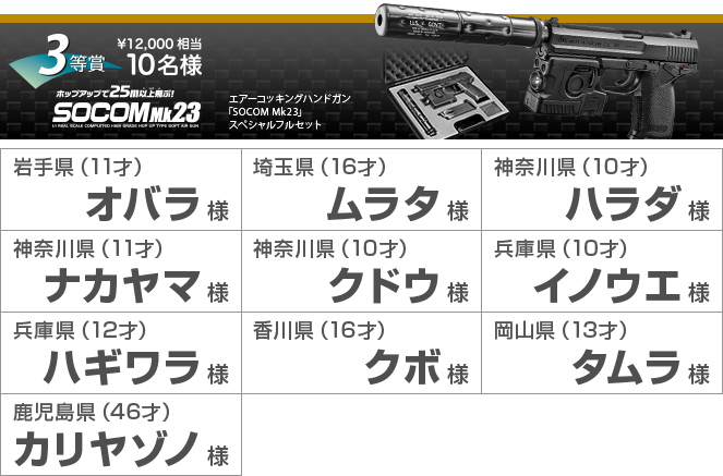 3等賞¥12,000相当10名様　エアーコッキングハンドガン「SOCOM Mk23」スペシャルフルセット　岩手県（11才）オバラ様　埼玉県（16才）ムラタ様　神奈川県（10才）ハラダ様　神奈川県（11才）ナカヤマ様　神奈川県（10才）クドウ様　兵庫県（10才）イノウエ様　兵庫県（12才）ハギワラ様　香川県（16才）クボ様　岡山県（13才）タムラ様　鹿児島県（46才）カリヤゾノ様