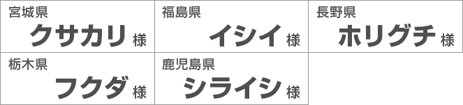 宮城県クサカリ様　福島県イシイ様　長野県ホリグチ様　栃木県フクダ様　鹿児島県シライシ様