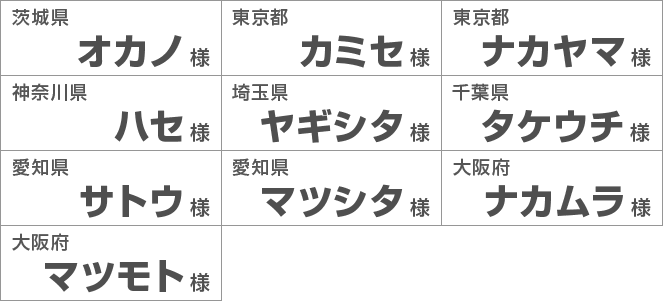 茨城県オカノ様　東京都カミセ様　東京都ナカヤマ様　神奈川県ハセ様　埼玉県ヤギシタ様　千葉県タケウチ様　愛知県サトウ様　愛知県マツシタ様　大阪府ナカムラ様　大阪府マツモト様