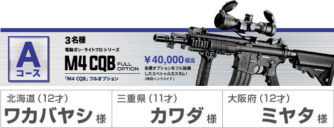 Aコース3名様 電動ガン・ライトプロシリーズ M4 CQB FULL OPTION 「m4 CQB」フルオプション ¥40,000相当 各種オプションをフル装備したスペシャルカスタム！（特別ハンドメイド） 北海道（12才）ワカバヤシ様 三重県（11才）カワダ様 大阪府（12才）ミヤタ様