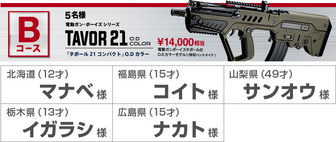 Bコース5名様 電動ガン・ボーイズシリーズ TAVOR 21 O.D COLOR 「タボール 21 コンパクト」O.Dカラー ¥14,000相当 電動ガンボーイズタボールのC.Dカラーモデル！（特別ハンドメイド） 北海道（12才）マナベ様 福島県（15才）コイト様 山梨県（49才）サンオウ様 栃木県（13才）イガラシ様 広島県（15才）ナカト様