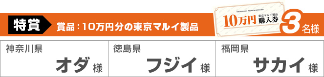 特賞3名様 賞品：10万円分の東京マルイ製品 神奈川県オダ様　徳島県フジイ様　福岡県サカイ様