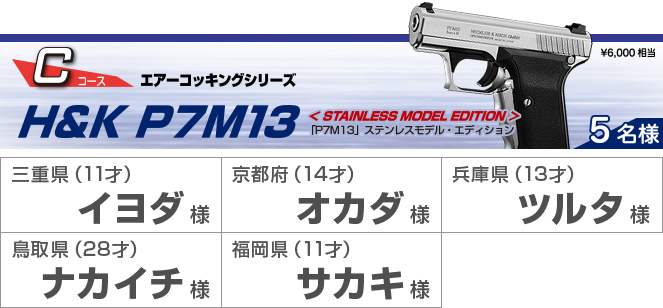 3等賞 5名様 電動ブローバックシリーズ GLOCK
       18C[フレーム/フォリッジグリーン] 北海道(12才)タカハシ様 神奈川県(70才)マツイ様 三重県(10才)トビタ様 大阪府(36才)マツムラ様 長崎県(12才)デグチ様