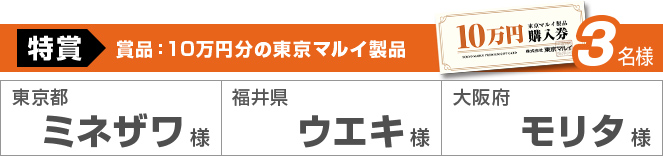 特賞3名様 賞品：10万円分の東京マルイ製品 東京都ミネザワ様　福井県ウエキ様　大阪府モリタ様