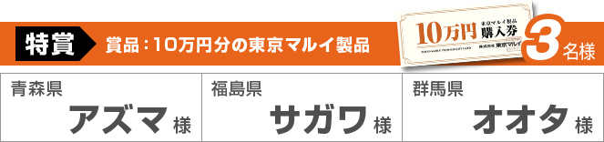 特賞 3名様 賞品：10万円分の東京マルイ製品 青森県アズマ様 福島県サガワ様 群馬県オオタ様