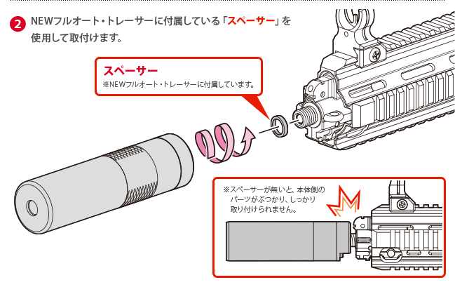 2.NEWフルオート・トレーサーに付属している「スペーサー」を使用して取付けます。　スペーサーはNEWフルオート・トレーサーに付属しています。　スペーサーが無いと、本体側のパーツがぶつかり、しっかり取り付けられません。