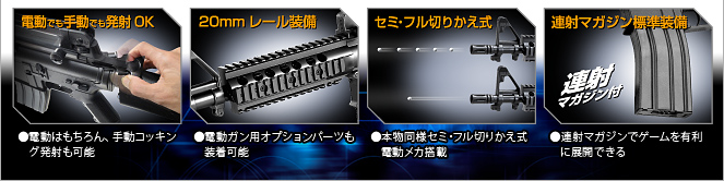 電動でも手動でも発射OK　20mmレール装備　セミ・フル切りかえ式　連射マガジン標準装備