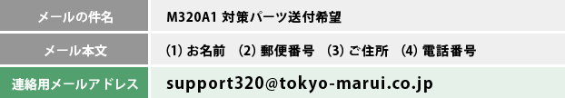 メールの件名　M320A1 対策パーツ送付希望　メール本文　（1）お名前 （2）郵便番号 （3）ご住所 （4）電話番号